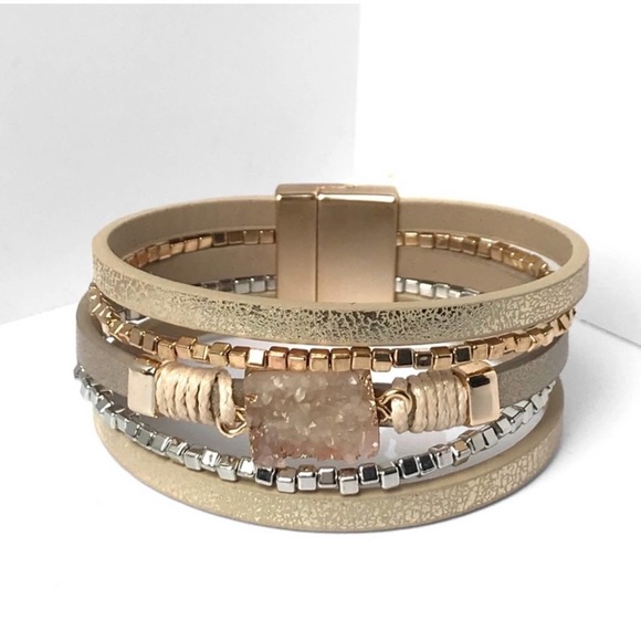 1 LEFT! Taupe Magnetic Blush Stone Beaded Faux Leather Strap Cute Bracelet - Picture 2 of 4